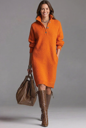 Mujer de Canalé Jersey Vestido con Cuello Alto y tapeta de botones