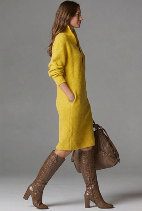 Mujer de Canalé Jersey Vestido con Cuello Alto y tapeta de botones