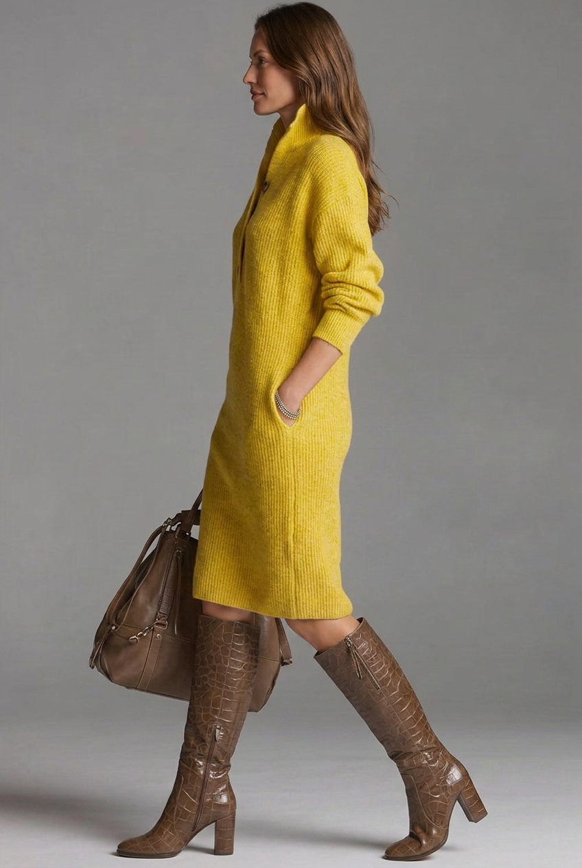 Mujer de Canalé Jersey Vestido con Cuello Alto y tapeta de botones