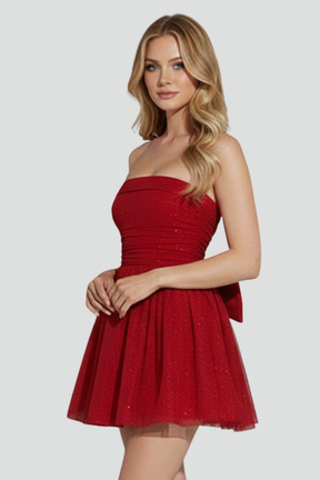 Mujer Short Vestido con Bow Detail y Strapless Neckline
