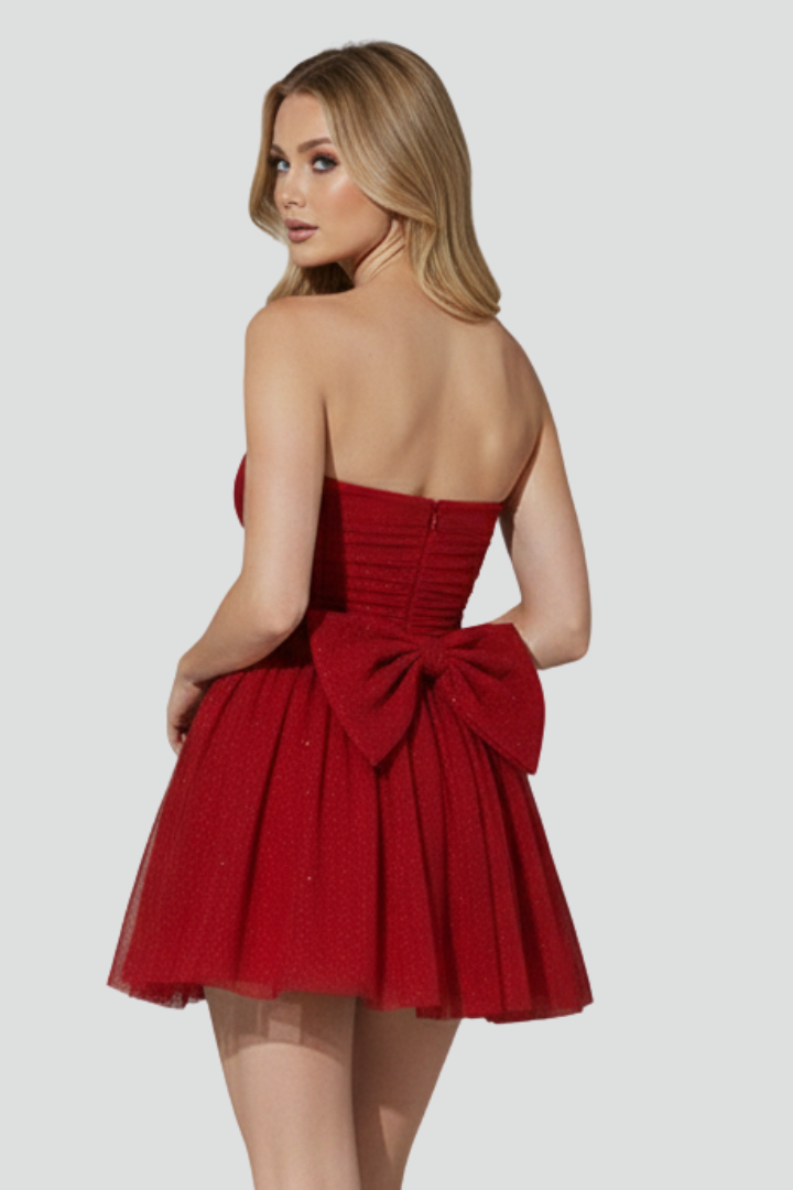 Mujer Short Vestido con Bow Detail y Strapless Neckline