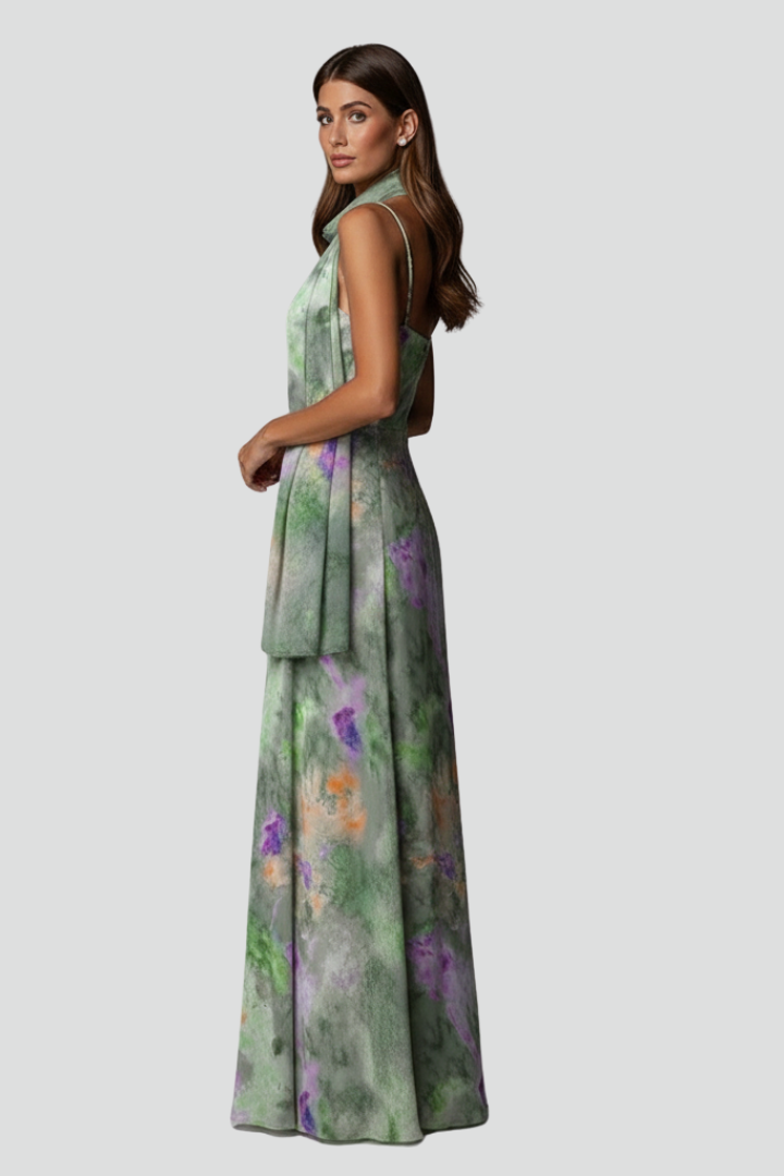 Mujer Sin Mangas Vestido Largo con Printed Bufanda y Halo estampado