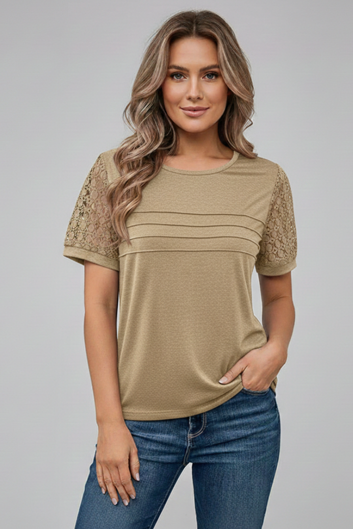 Mujer T-Camisa con de Cuello Redondoline y Texturizado mangas