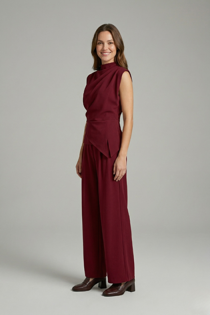Mujer top y Pantalón conjunto con de Cuello Redondo y Straight Legs