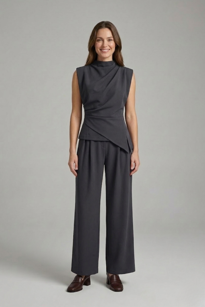 Mujer top y Pantalón conjunto con de Cuello Redondo y Straight Legs