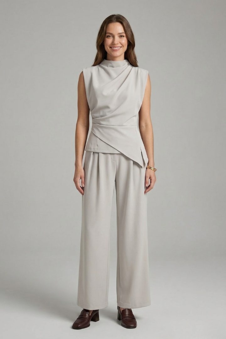 Mujer top y Pantalón conjunto con de Cuello Redondo y Straight Legs