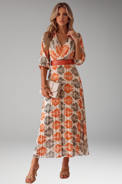 Mujer Tropical Leaf Print Plisado Vestido Largo con Cinturón y 3/4 mangas