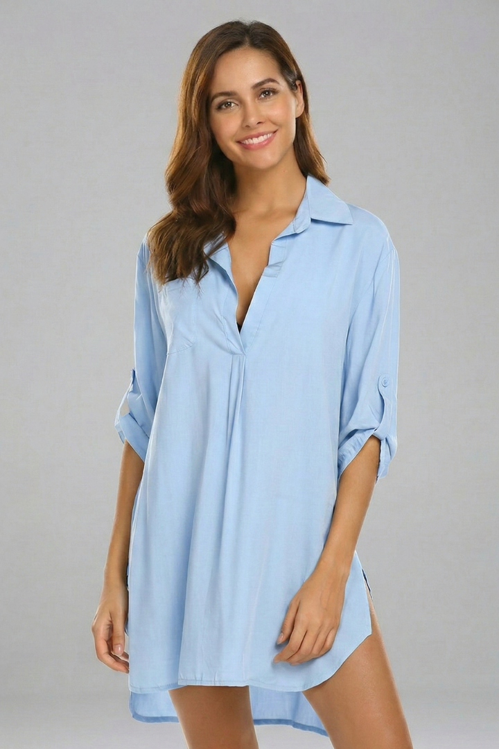Mujer Tunic Vestido con cuello y Manga Largas