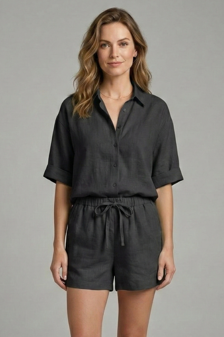 Mujer Two-Piece conjunto con cierre de botones y Drawstring Shorts
