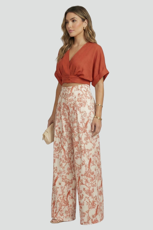 Mujer Two-Piece conjunto con de Cuello en V top y de pierna ancha Pantalón