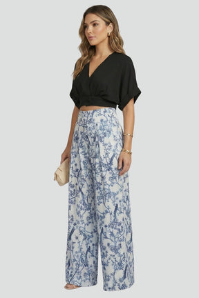 Mujer Two-Piece conjunto con de Cuello en V top y de pierna ancha Pantalón