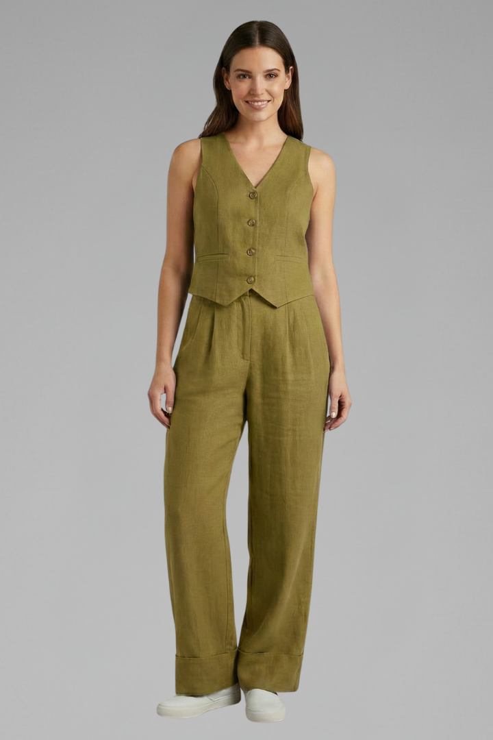 Mujer Two-Piece conjunto con de Cuello en V WaistAbrigo y Wide Pantalón