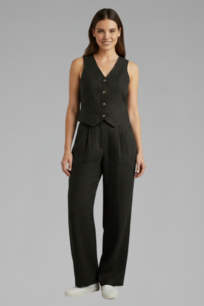 Mujer Two-Piece conjunto con de Cuello en V WaistAbrigo y Wide Pantalón
