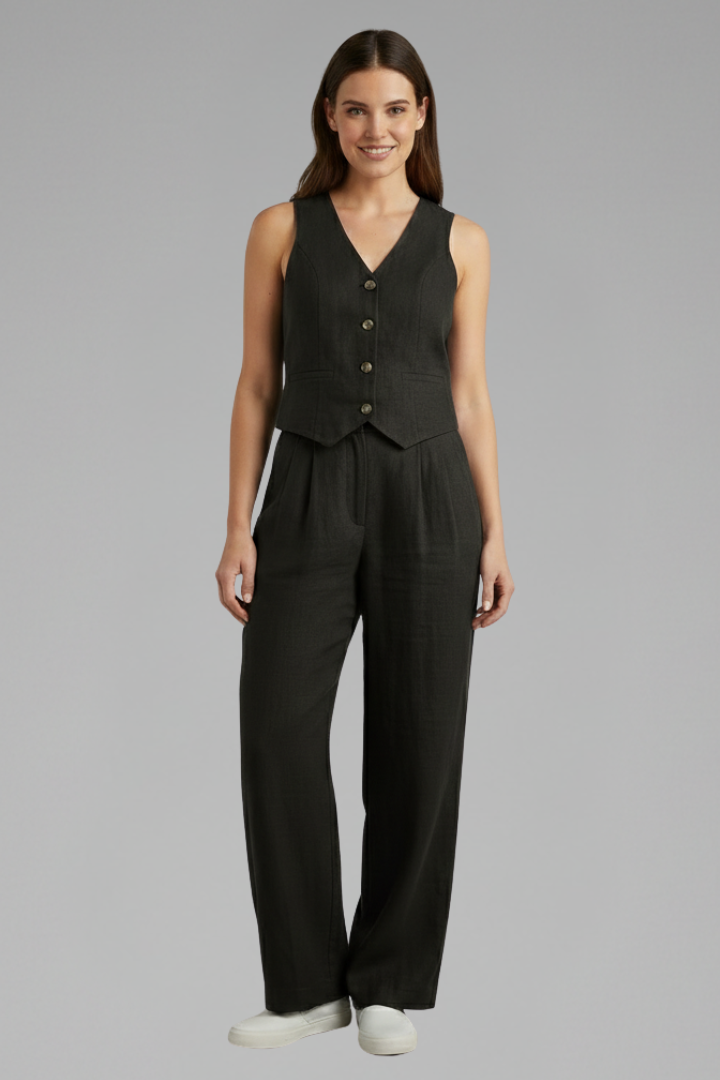 Mujer Two-Piece conjunto con de Cuello en V WaistAbrigo y Wide Pantalón