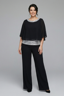 Mujer Two Piece conjunto con Embellished Neckline y Pierna Ancha Pantalón