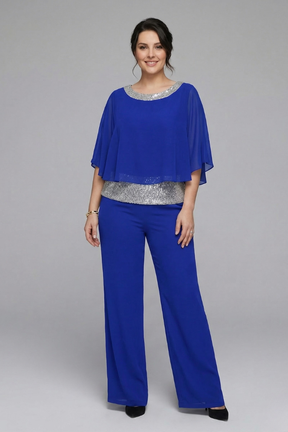 Mujer Two Piece conjunto con Embellished Neckline y Pierna Ancha Pantalón
