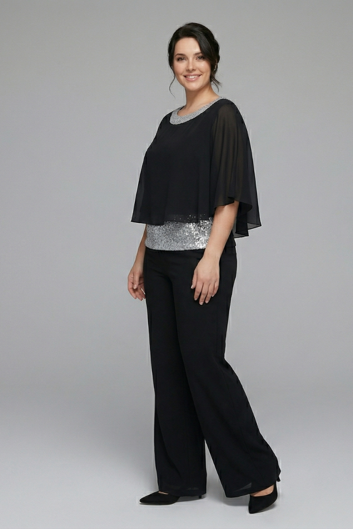 Mujer Two Piece conjunto con Embellished Neckline y Pierna Ancha Pantalón