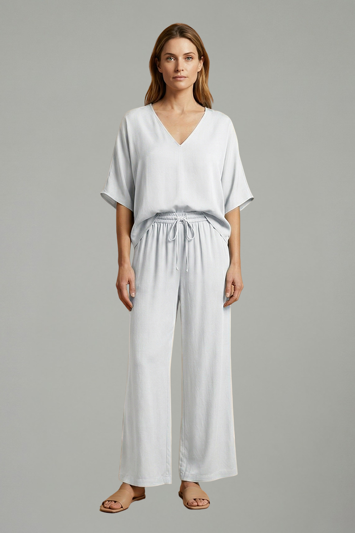 Mujer Two Piece Pantalón conjunto con cuello en V y Pierna Ancha