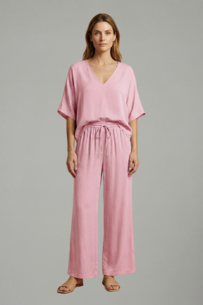 Mujer Two Piece Pantalón conjunto con cuello en V y Pierna Ancha