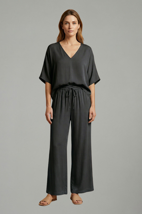 Mujer Two Piece Pantalón conjunto con cuello en V y Pierna Ancha