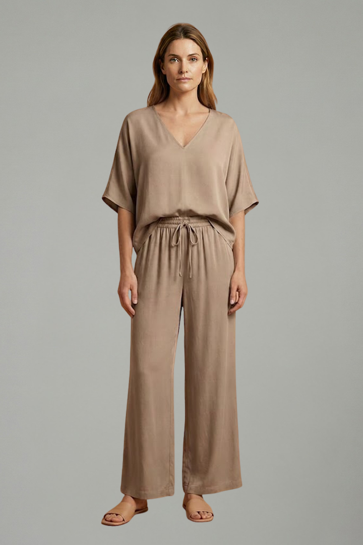 Mujer Two Piece Pantalón conjunto con cuello en V y Pierna Ancha