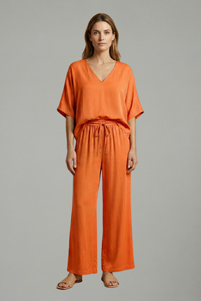 Mujer Two Piece Pantalón conjunto con cuello en V y Pierna Ancha