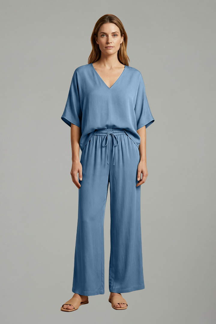 Mujer Two Piece Pantalón conjunto con cuello en V y Pierna Ancha