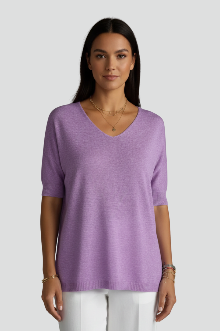 Mujer de Cuello en V top con Manga Cortas y Relaxed Shape