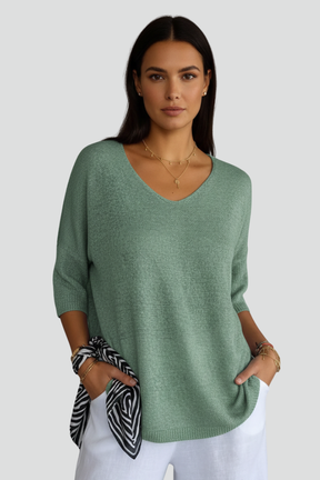 Mujer de Cuello en V top con Manga Cortas y Relaxed Shape