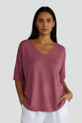Mujer de Cuello en V top con Manga Cortas y Relaxed Shape