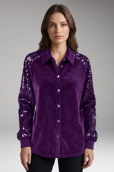 Mujer Velvet botón-Up Camisa con Sequin Manga Largas