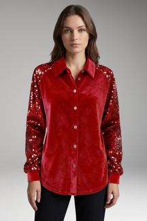 Mujer Velvet botón-Up Camisa con Sequin Manga Largas