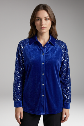 Mujer Velvet botón-Up Camisa con Sequin Manga Largas