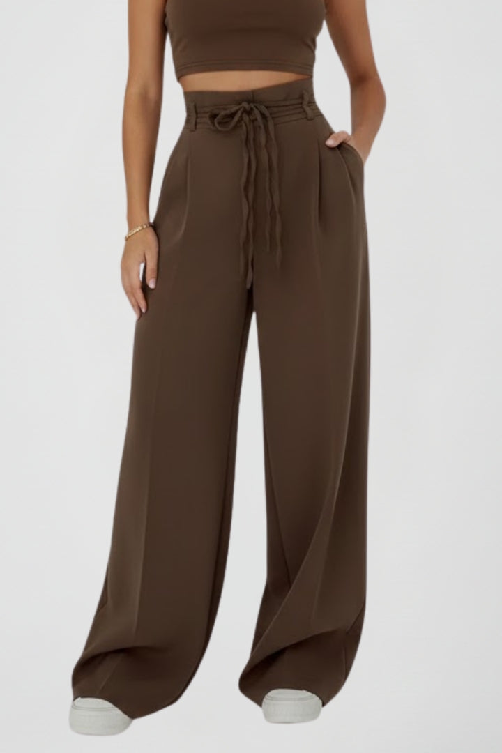 Mujer Pierna Ancha Pantalón con Cintura Anudada y High Rise