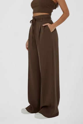 Mujer Pierna Ancha Pantalón con Cintura Anudada y High Rise