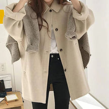 Mujer botón-Front Wool Abrigo con Classic cuello