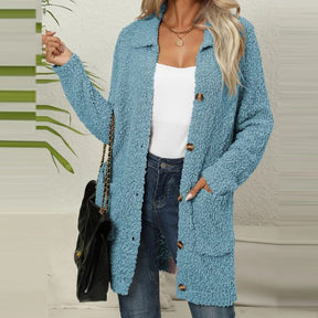 Mujer Largo botón-Front Chaqueta Teddy con bolsillos
