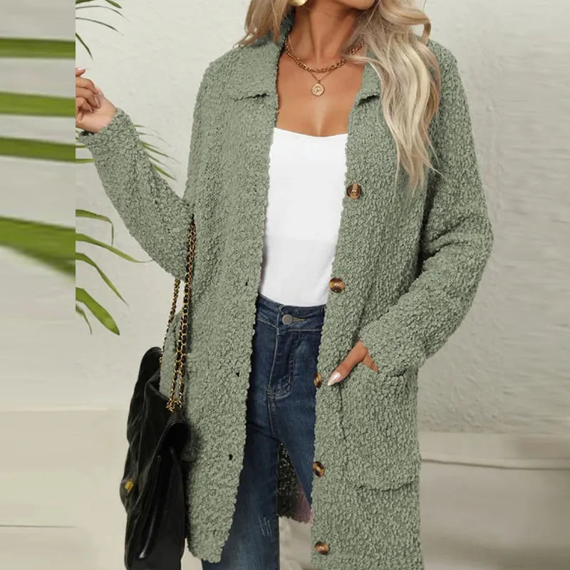 Mujer Largo botón-Front Chaqueta Teddy con bolsillos